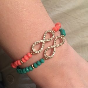 Gold Infinity Bracelet Set, Bundle of Pink & Green